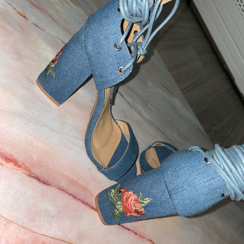 Lace up denim heels with embroidered flower